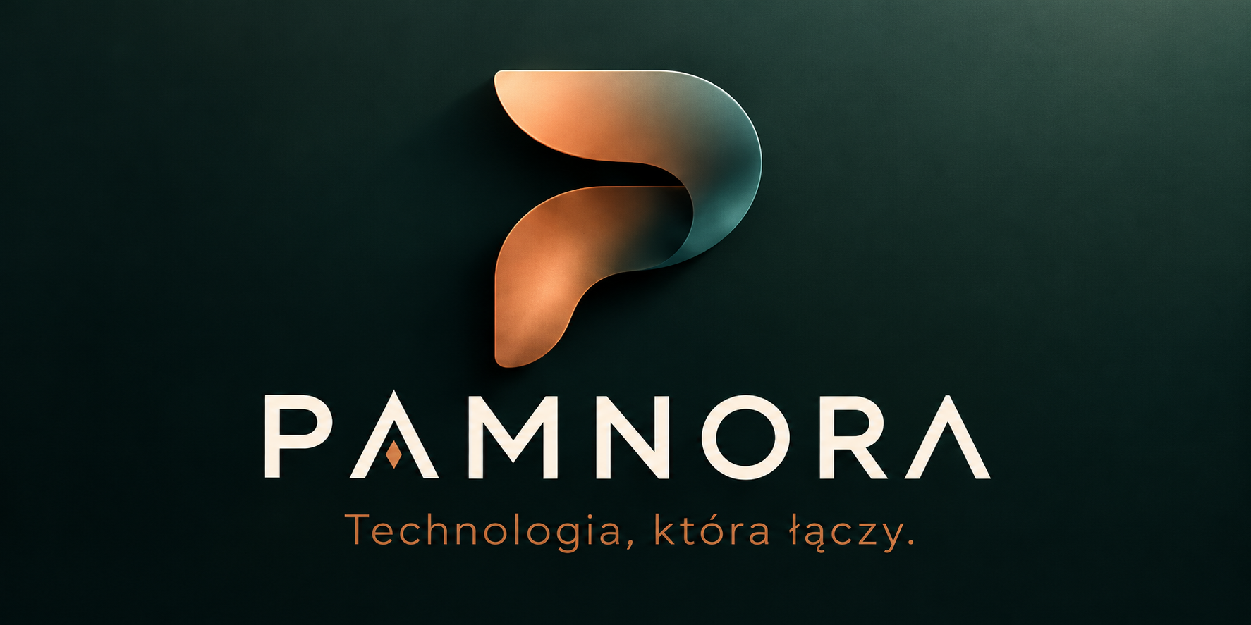 Oryginalne logo Pamnora: miedziano-zielony symbol P i hasło Technologia, która łączy.